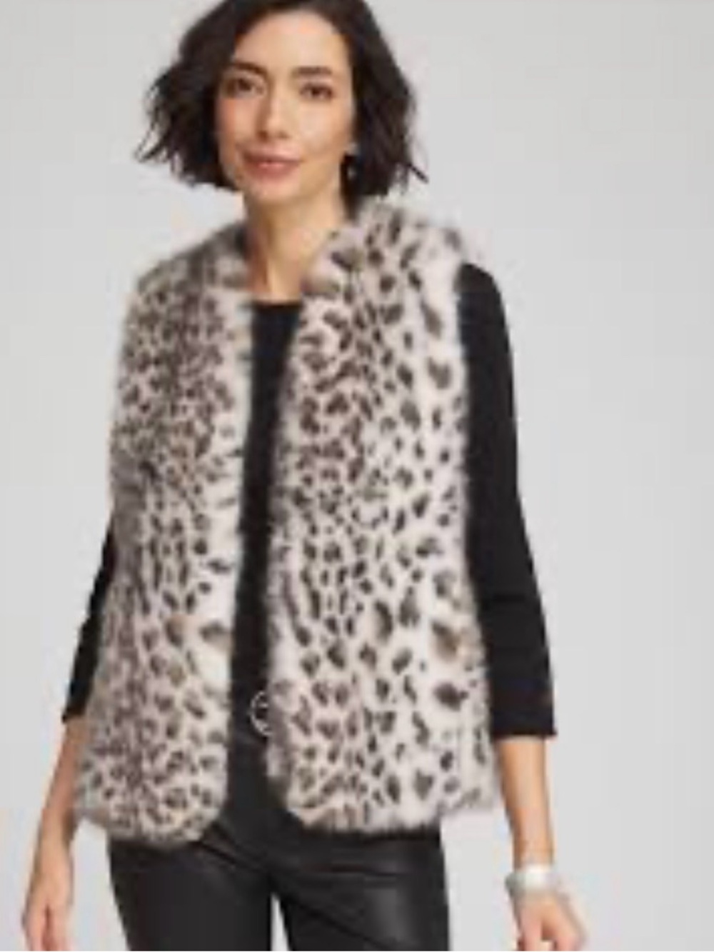 Chico’s Faux Fur Leopard Print Vest - cream/ black. Size 1 - medium